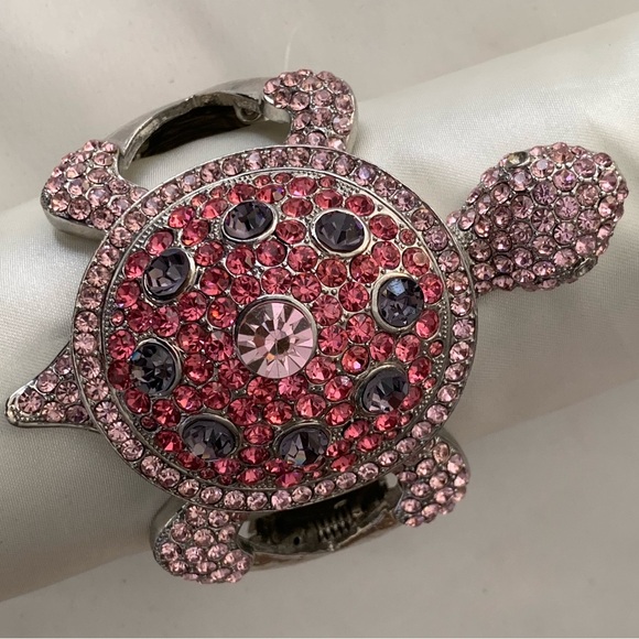 Turtle Fashion Pink Rhinestone Dressy Party Bangle Hinged Clamper Bracelet - Picture 5 of 12